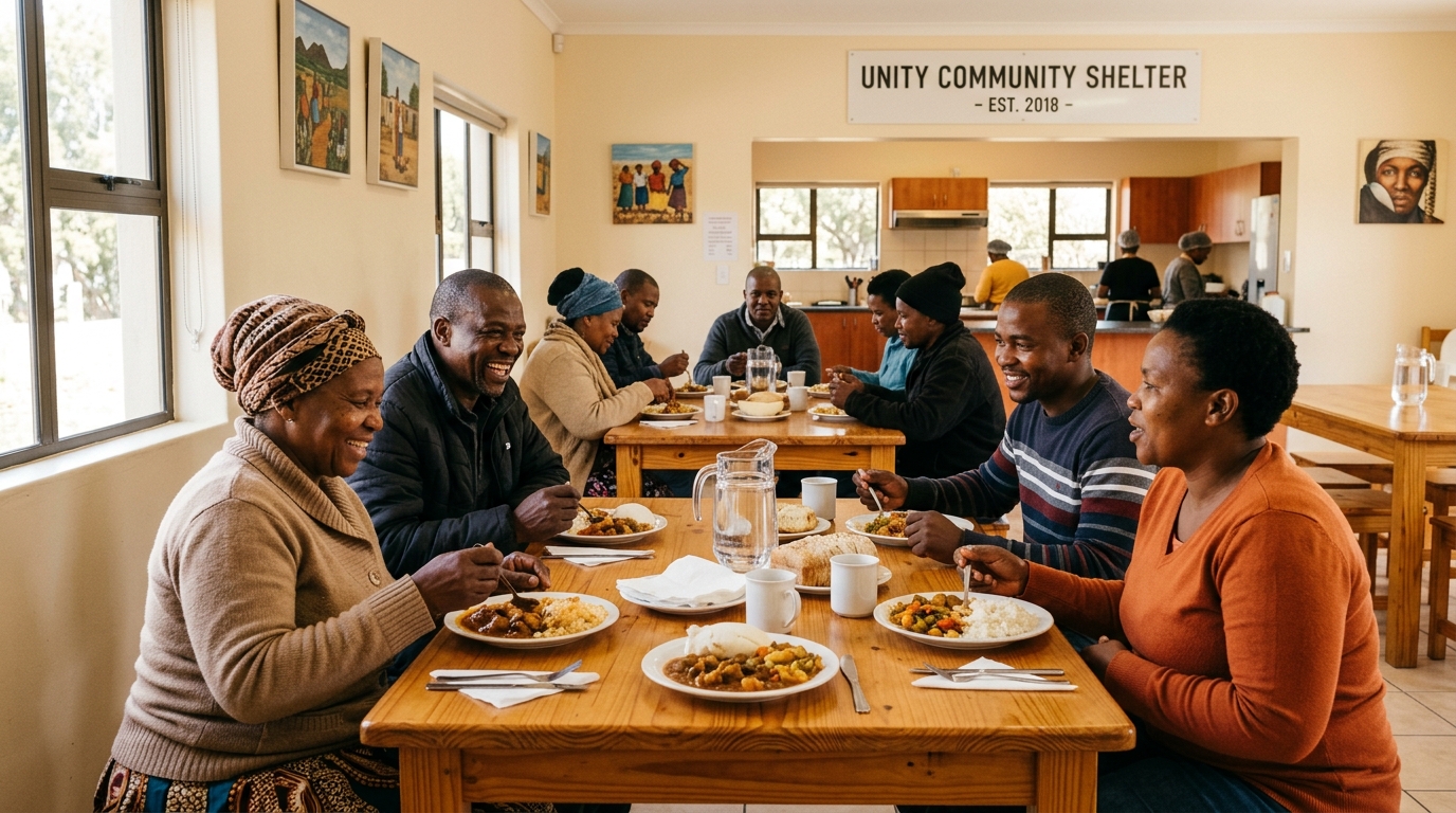 People sharing a warm meal in a shelter